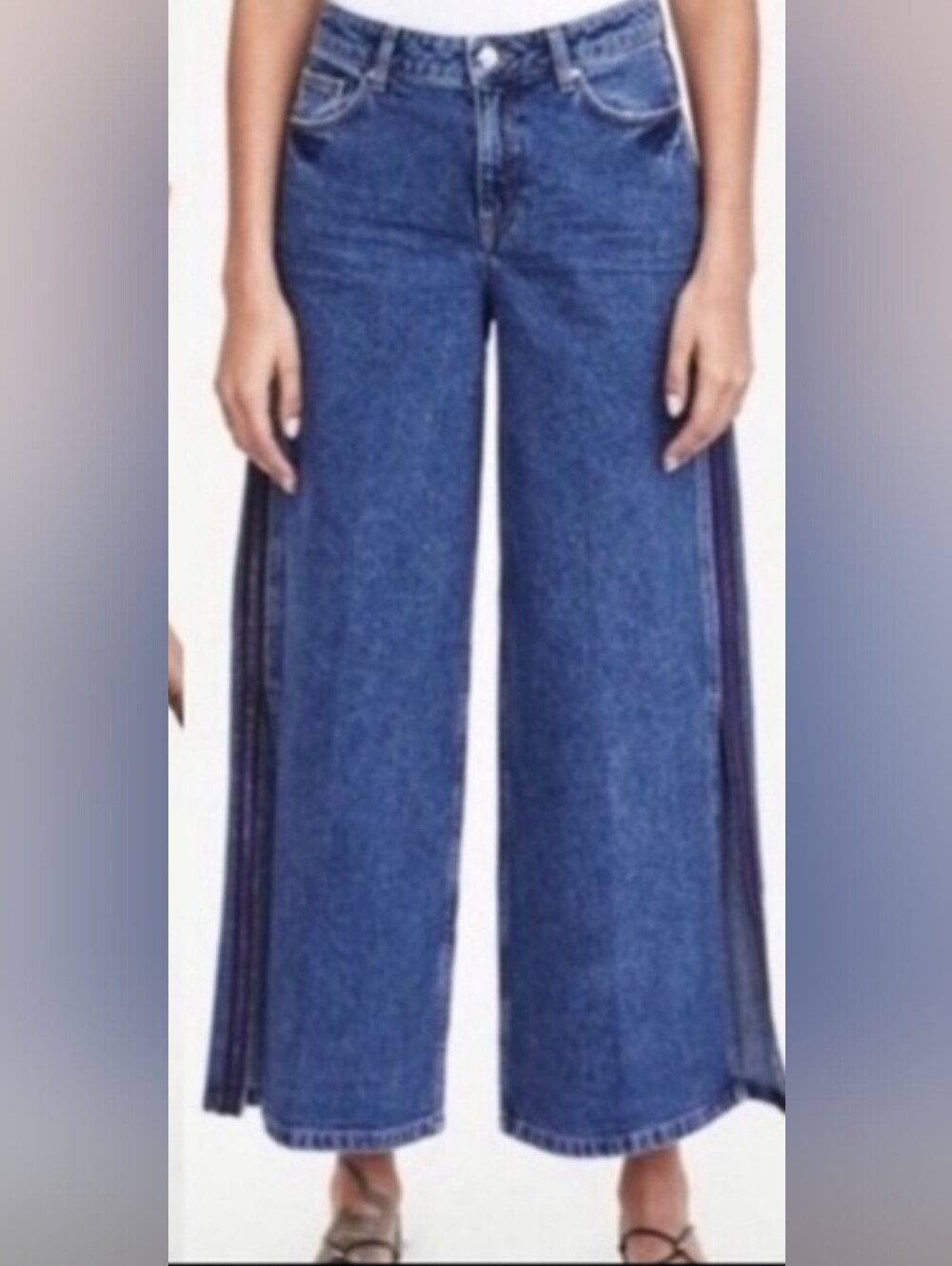 Zara Wide Leg Jeans Ankle Crop Side Stripes Split Hem High Rise Size 4